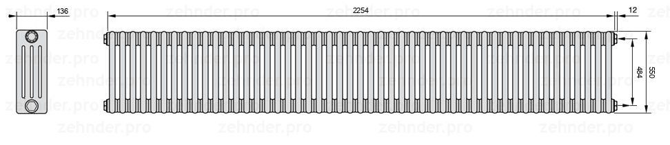 Схема (чертеж) Радиатор Zehnder Charleston 4055/49 №7610 Белый глянцевый RAL 9016